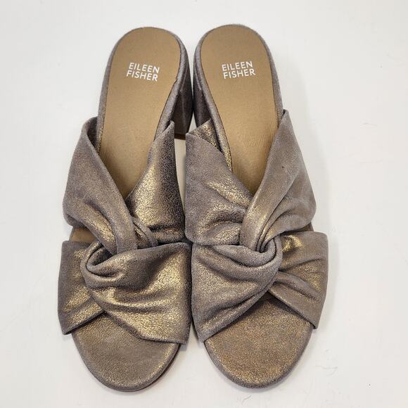 Eileen Fisher Women Vow Metallic Gold Suede Slip On Sandal Size 10 Block Heel - Picture 2 of 8